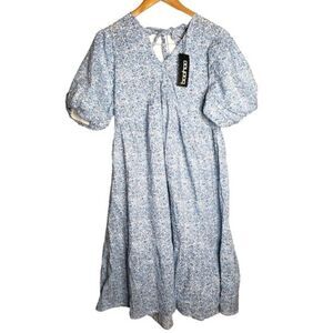 NWT Boohoo blue white floral cottage core peasant tie back maxi dress size 10